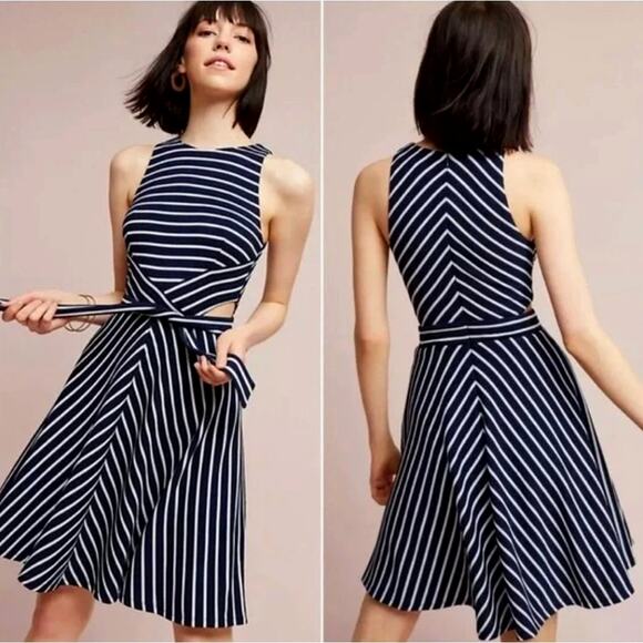 Anthropologie x Hutch M Kinsley Cutout Dress Striped Stretch Fit&Flare Navy Blue - Picture 1 of 8